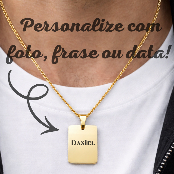 Colar Retangular Banhado a Ouro 18K Prata Personalizado a Lase, Fotogravação, Frase, Simbolo, Iniciais e Data