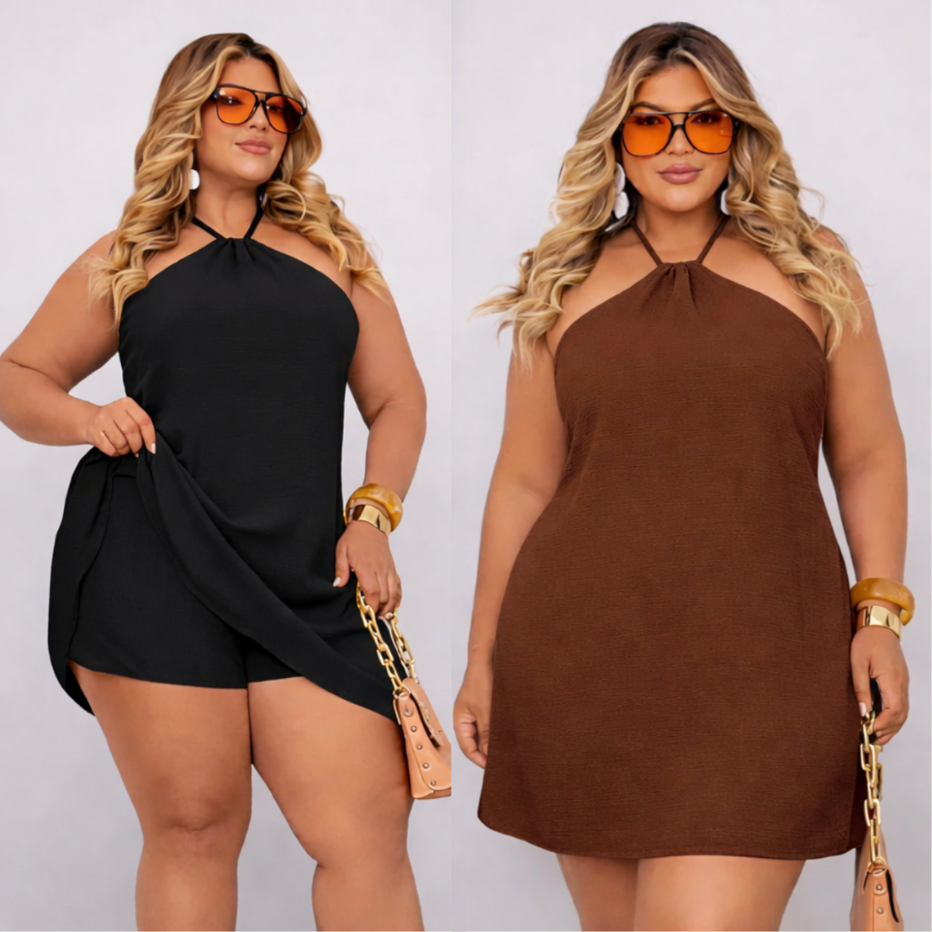 Macaquinho Mila Feminino Short Saia Plus Size Soltinho Amarração nas Costas Boho Chique Candy Color Moda Mulher Verão