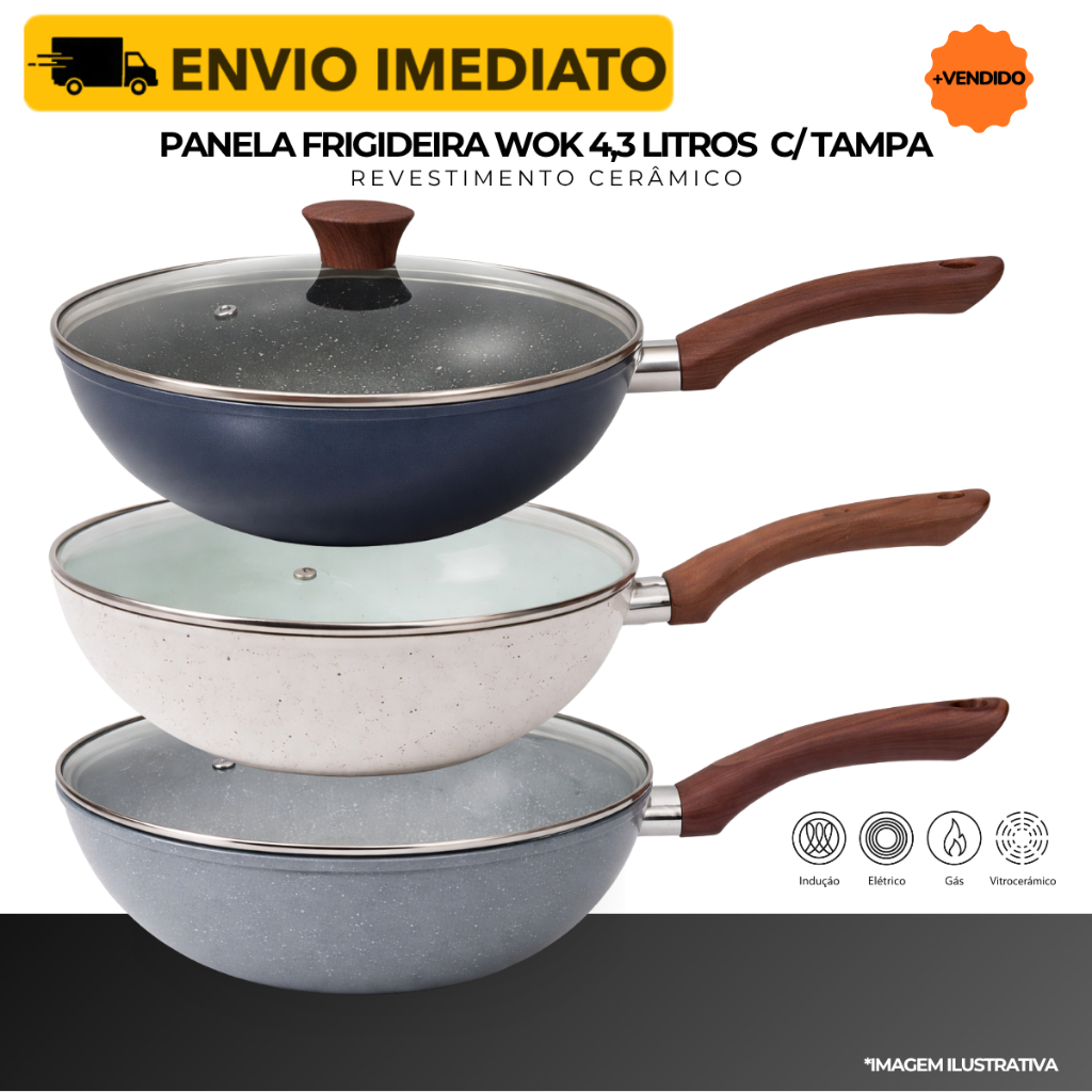 Imagem Frigideira Panela Wok Cerâmica C/ Tampa Vidro 4,3L Indução E Fogo Antiaderente Alumínio Profissional
