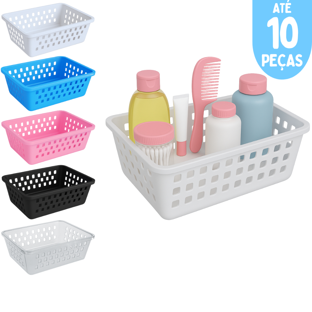 Kit ate 10 Cesto Organizador Medio 20x15x6cm Branco Transparente Rosa Azul Preto em Oferta na Shopee