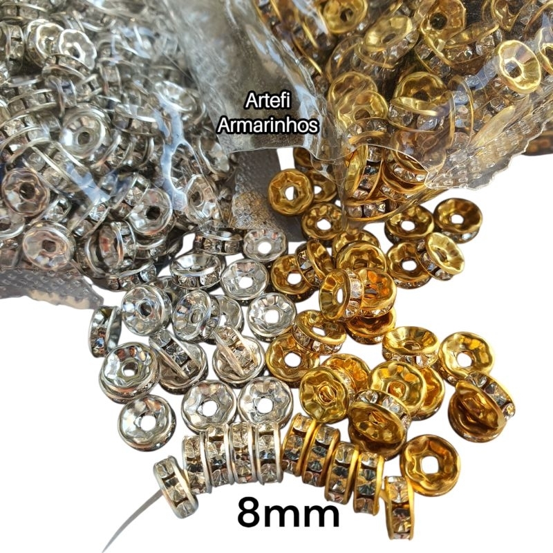 Entremeio Rondelle 8mm para terço e Artesanato com Strass 300 150 unidades