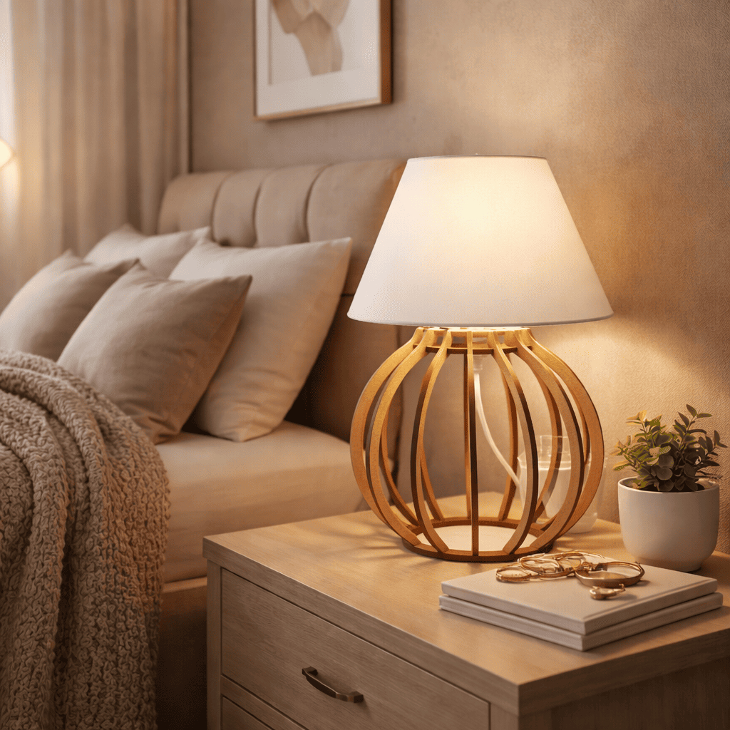 Abajur Bola Em MDF de Mesa Luminaria Criado Cabeceira Base Madeira Cupula Grande Branca Bege Decoração Quarto Luminária