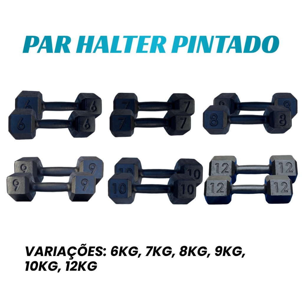 Par Halter Sextavado Pintado 6kg a 12kg - Peso de Academia