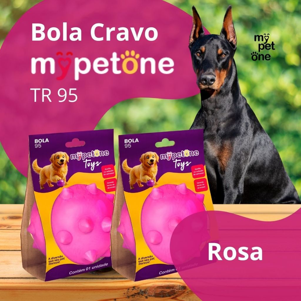 2 Bola Cravo MACIÇA MyPetOne Rosa 95mm Brinquedo RESISTENTE Para Cães
