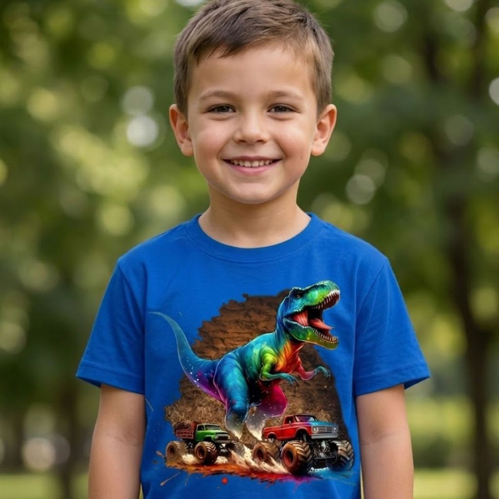 CAMISETA INFANTIL MENINO DINOSSAURO RADICAL DIVERTIDO TENDENCIA MODERNO T-REX MONSTER TRUCKS CONFORTAVEL 100%ALGODAO