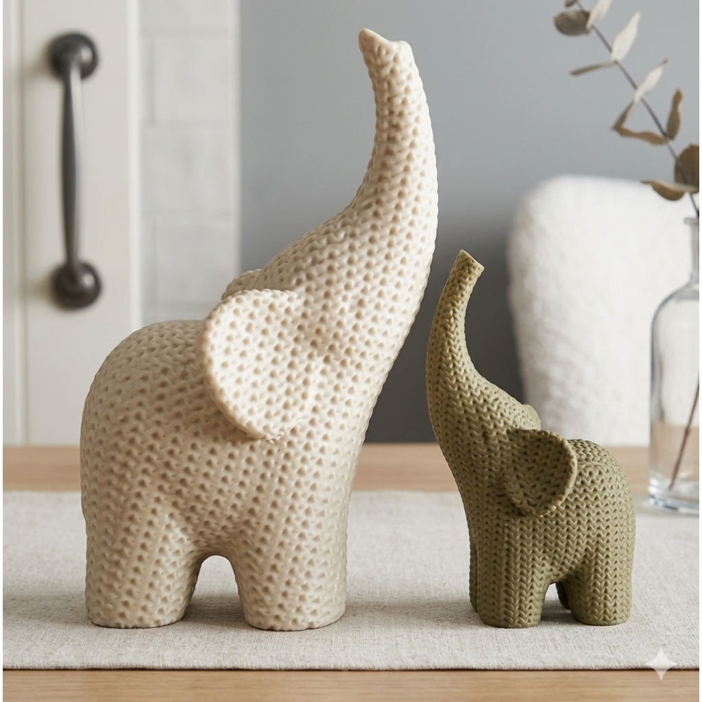 Conjunto Elefantes Decorativos Família Minimalista Escandinavo - Enfeite Quarto Bebê e Sala Trio Luxo Textura Tricô 10cm