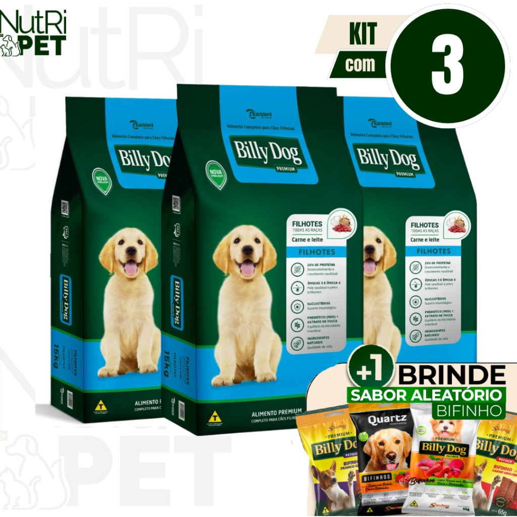 KIT 3 Ração Billy Dog Filhotes Todas as Raças Carne e Leite