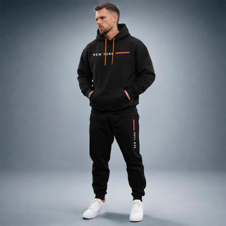 Conjunto De Frio Moletom New York Calça Jogger Blusa Canguru Capuz Bolso Algodão Quentinho Urbano
