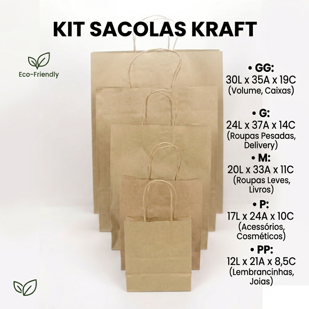 Sacolas Papel Kraft PP P M G GG