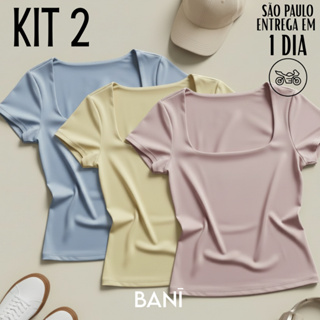 KIT 2 Baby Tee Feminina Decote Quadrado Tons Pasteis Y2K Premium Não Transparente Blusa Manga Curta em Oferta na Shopee
