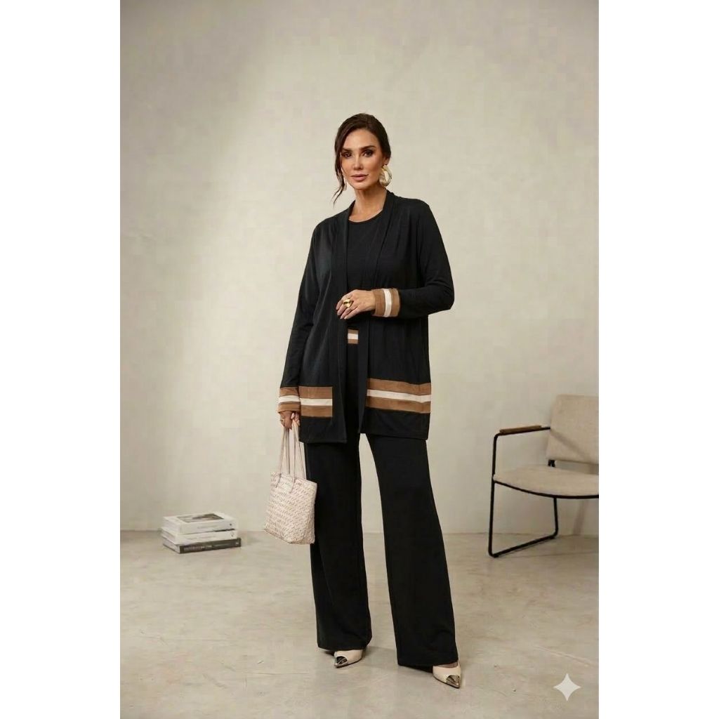 Conjunto Feminino 3 Peças com Cardigan no Tecido Viscolaycra Premium Elegância e Conforto em um Só Look
