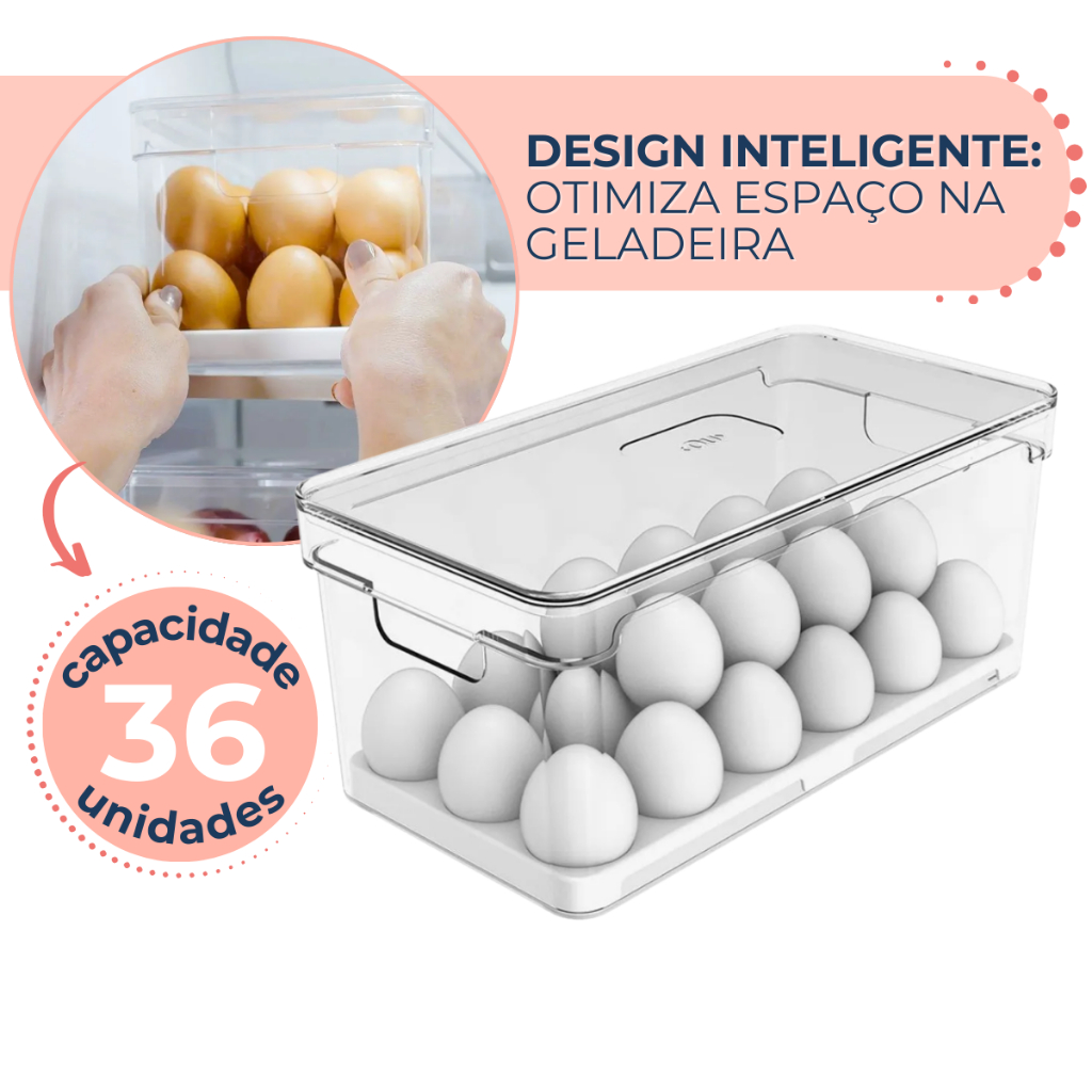 Porta Ovos 36un Organizador de Geladeira Com Tampa Bandeja Acrílico Ou