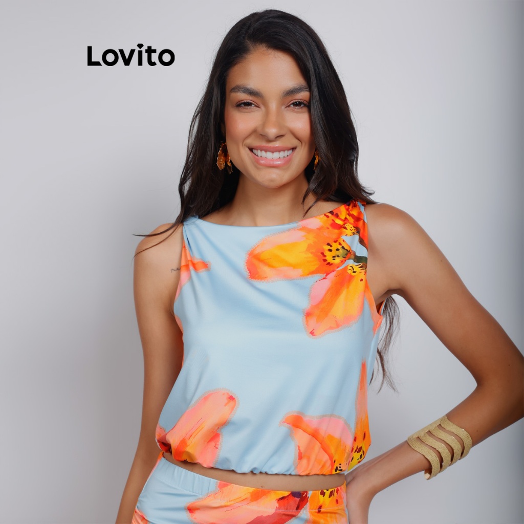 Lovito Bossa l Blusa Feminina com Detalhe Torcido no Ombro e Estampa Floral Lírios BLB15901620