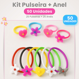 Kit Pulseira + Anel de Brinquedo 50 Unidades Colorido Flor Coração Brinde Lembrancinha Menina