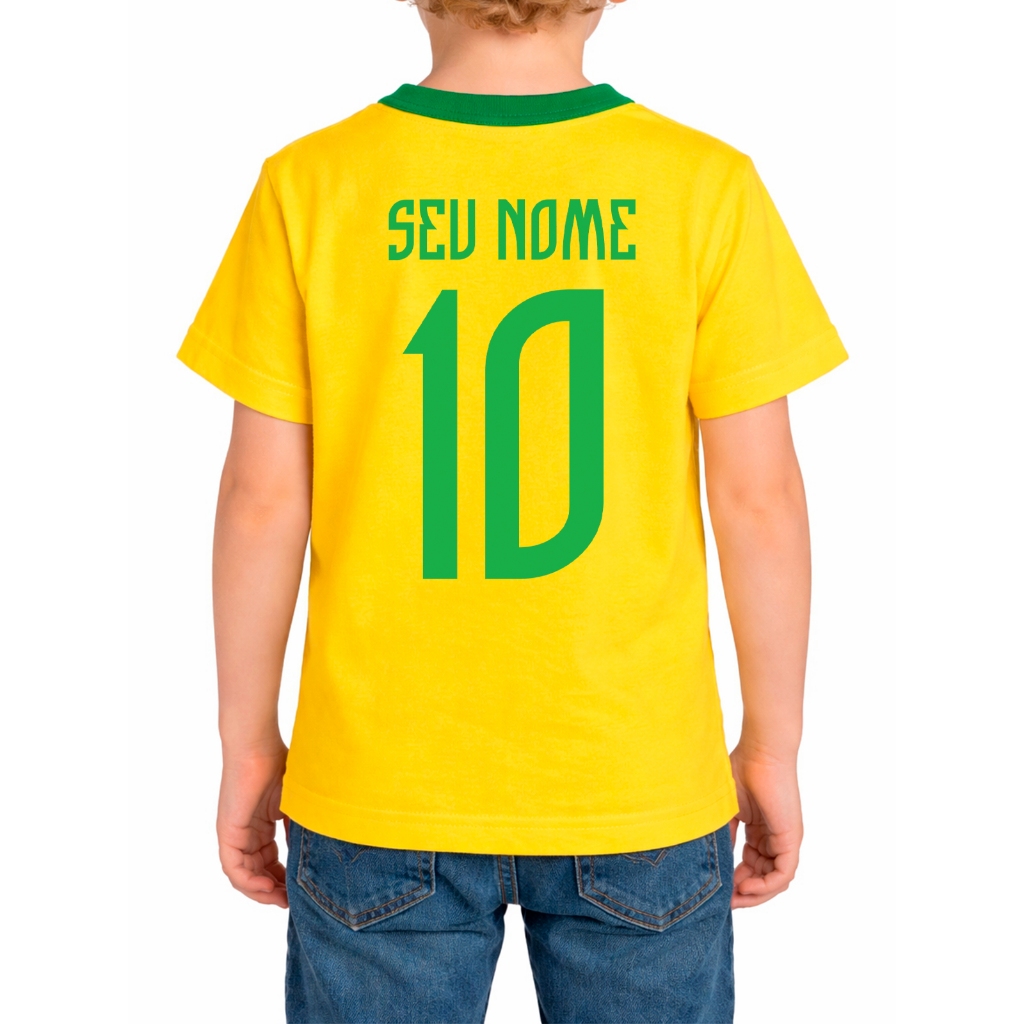 Camiseta Brasil Infantil Criança Com Seu Nome Personalizado Atrás Copa do mundo Roupa Infantil