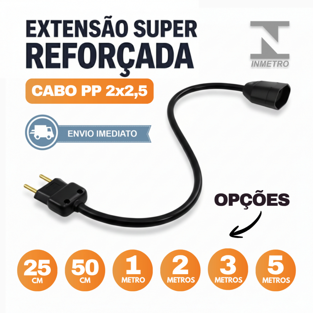 Extensão Elétrica Reforçada - 0,5/1/2/3/5 Metros Cabo PP 2x2,5 Grosso | Prolongador De Energia Certificado | Bivolt em Oferta na Shopee