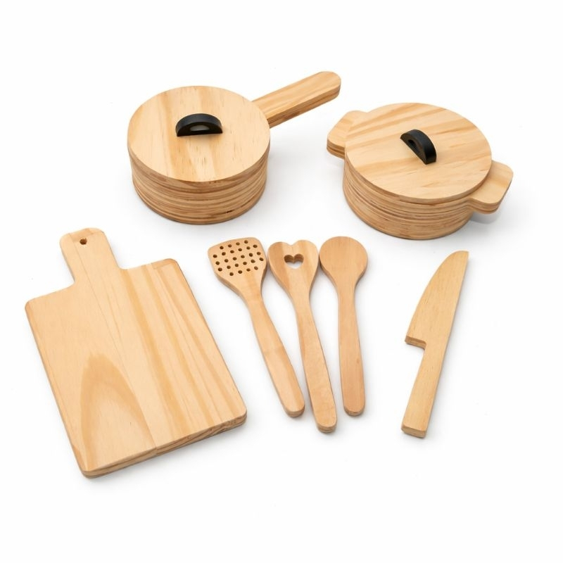 Jogo Panelinhas Cozinha  Infantil Madeira Completo 7 Peças Utensílios Brinquedo Educativo e Decoração Festa