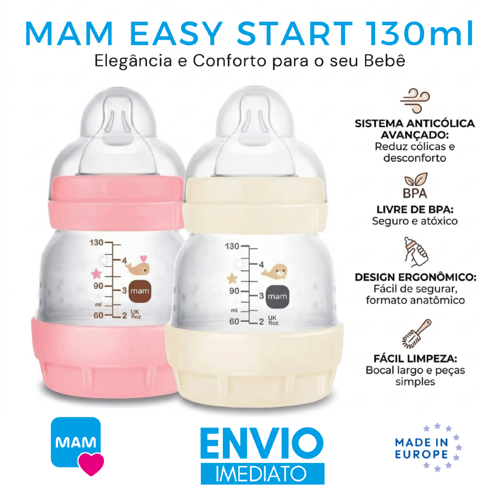 Mamadeira MAM Original Lacrada Easy Start Anti-Colica130ml Autoesterilizável Fluxo Adaptável 0 MESES