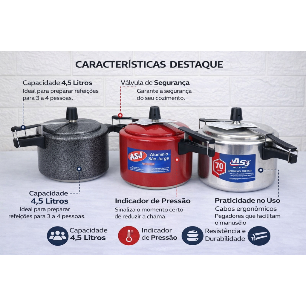 Panela de Pressão ASJ 4,5 Litros Alumínio Fechamento Interno Segura Cozinha INMETRO