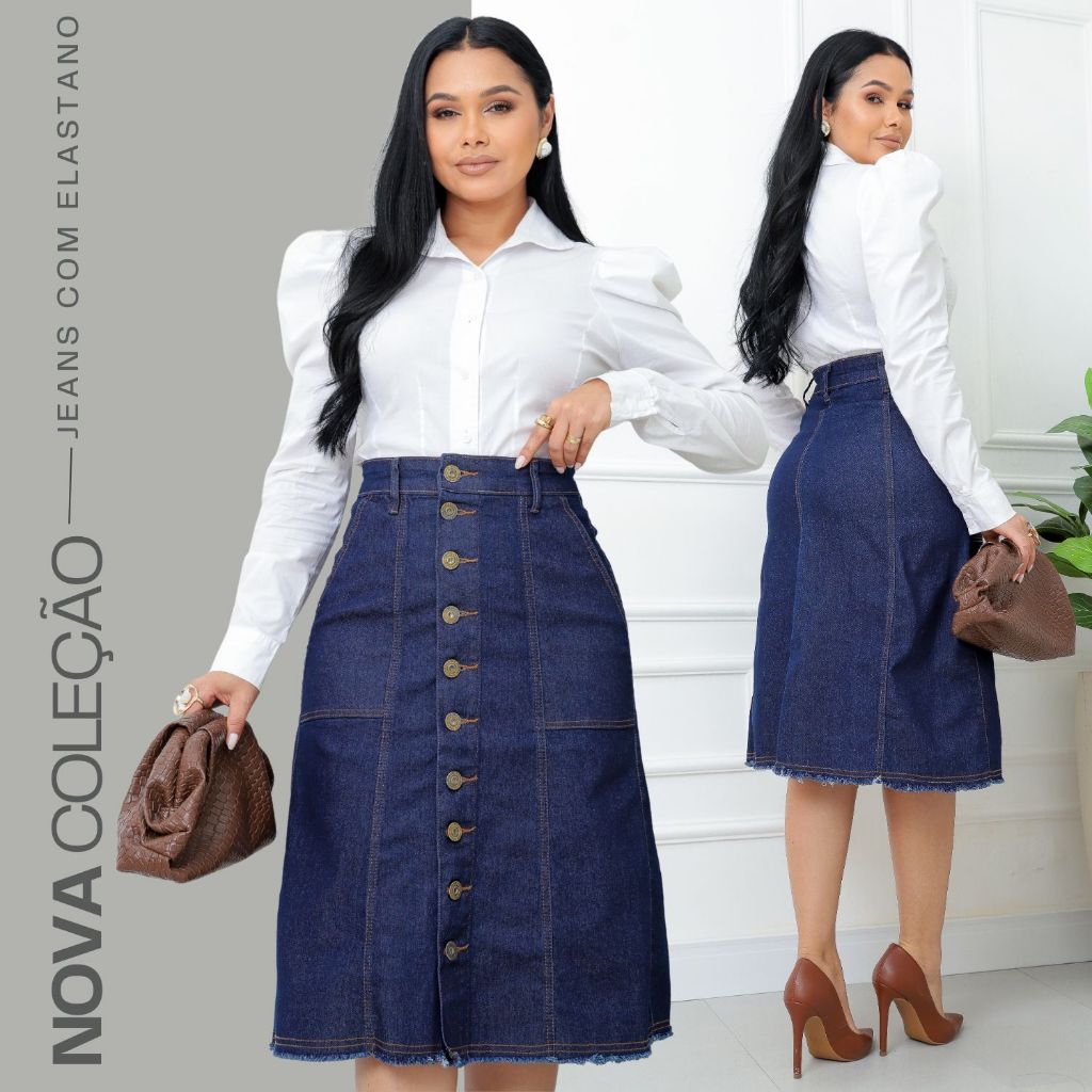 Saia Feminina Jeans Moda Evangelica Midi Godê Evase Frente toda Botão Elastano Comportada Modesta Mais Vendida