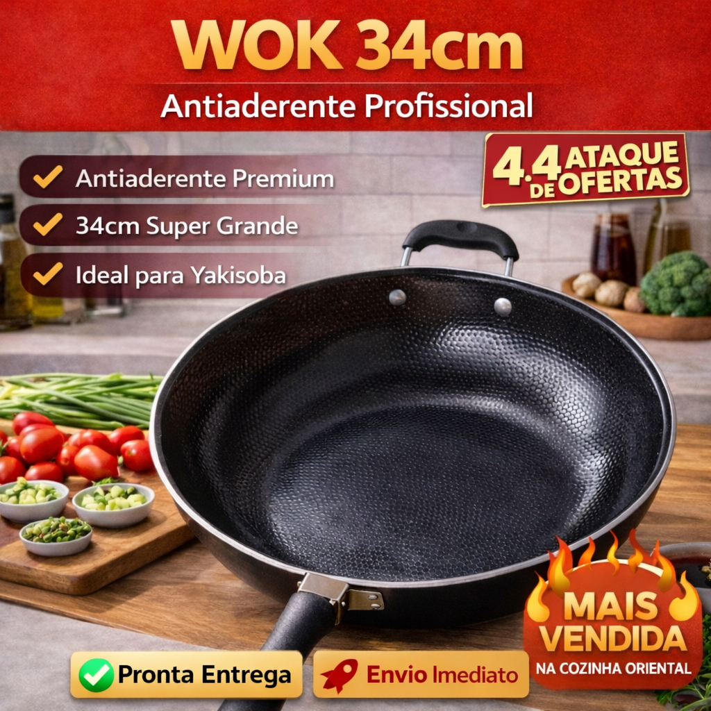 Imagem Frigideira Wok 34cm Antiaderente Profissional Wok Grande Para Yakisoba Refogar Legumes Carne Cozinha