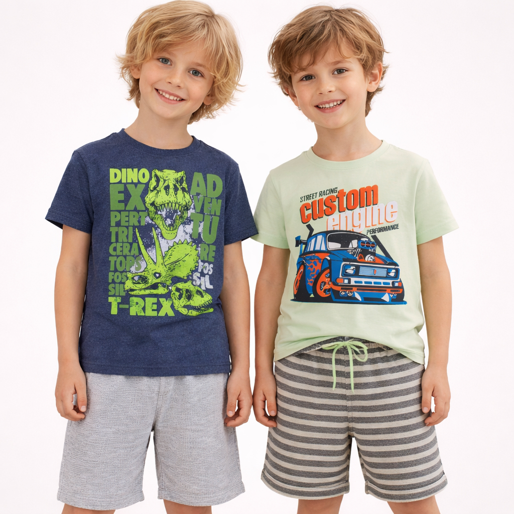 Kit 2 Conjuntos Roupa Infantil Menino 2 Camisetas Algodão + 2 Bermudas Moletinho Short Cores Sortidas M ao 14