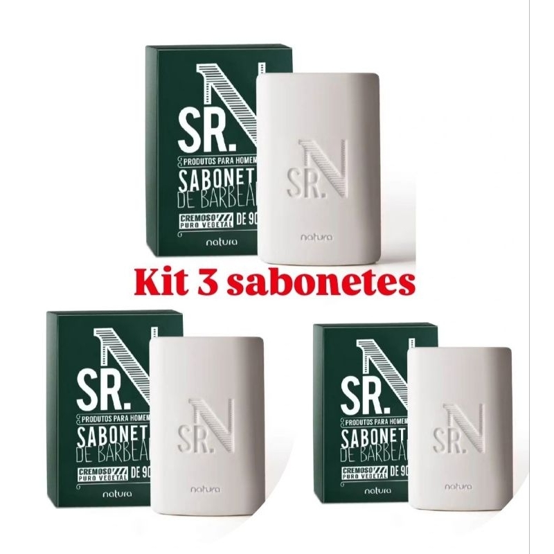 kit com 3 sabonetes em barra SRN masculino Natura 90g cada.