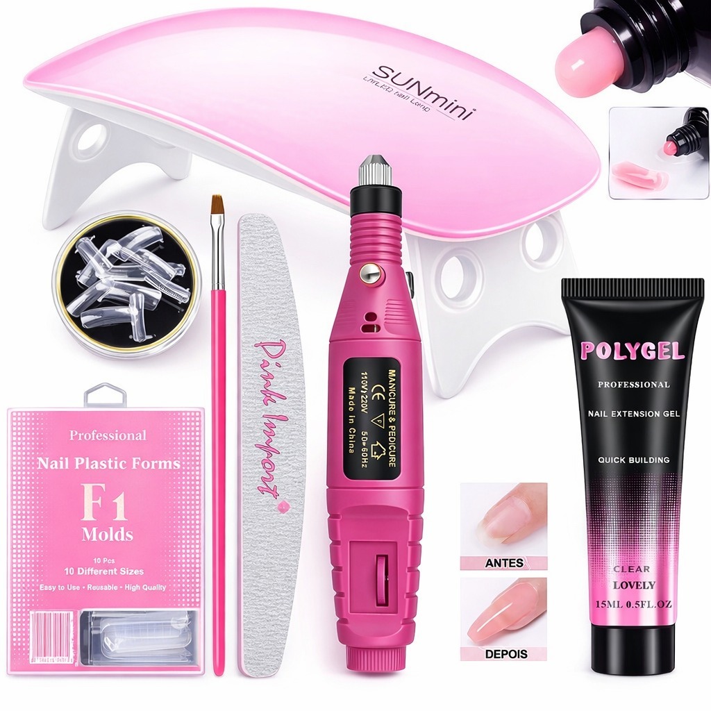 Kit Alongamento Poligel Polygel + Lixa + Molde F1 + Mini Cabine Poly Gel + Pincel