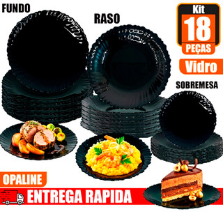 Kit Jogo Pratos de Vidro 18 Peças Sendo 6 Rasos 6 Pratos Fundo e 6 Pratos de Sobremesa Opaline