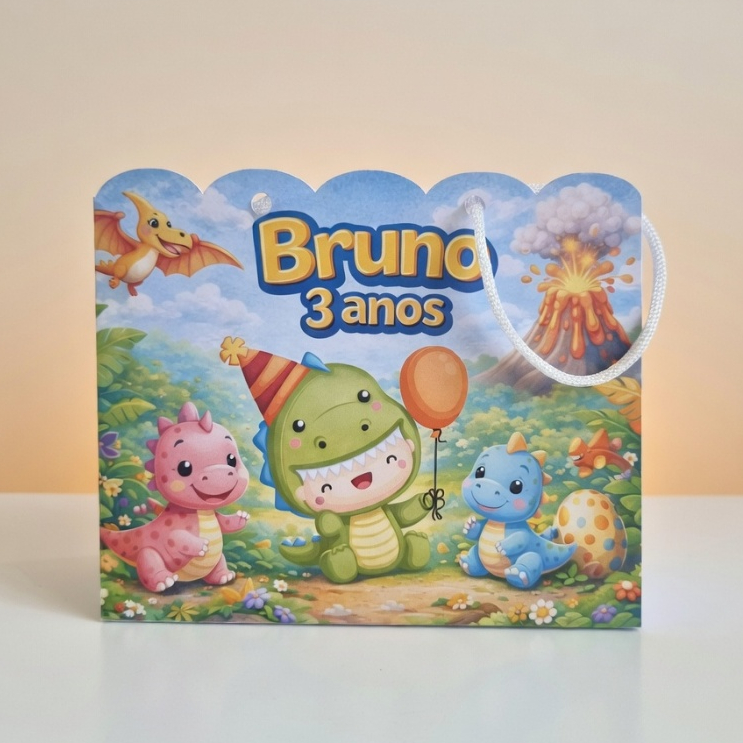 Sacolinha Personalizada Dino Baby | Lembrancinha Dinossauro Infantil | Papel Fotográfico | Pegue e Monte Nome e Idade
