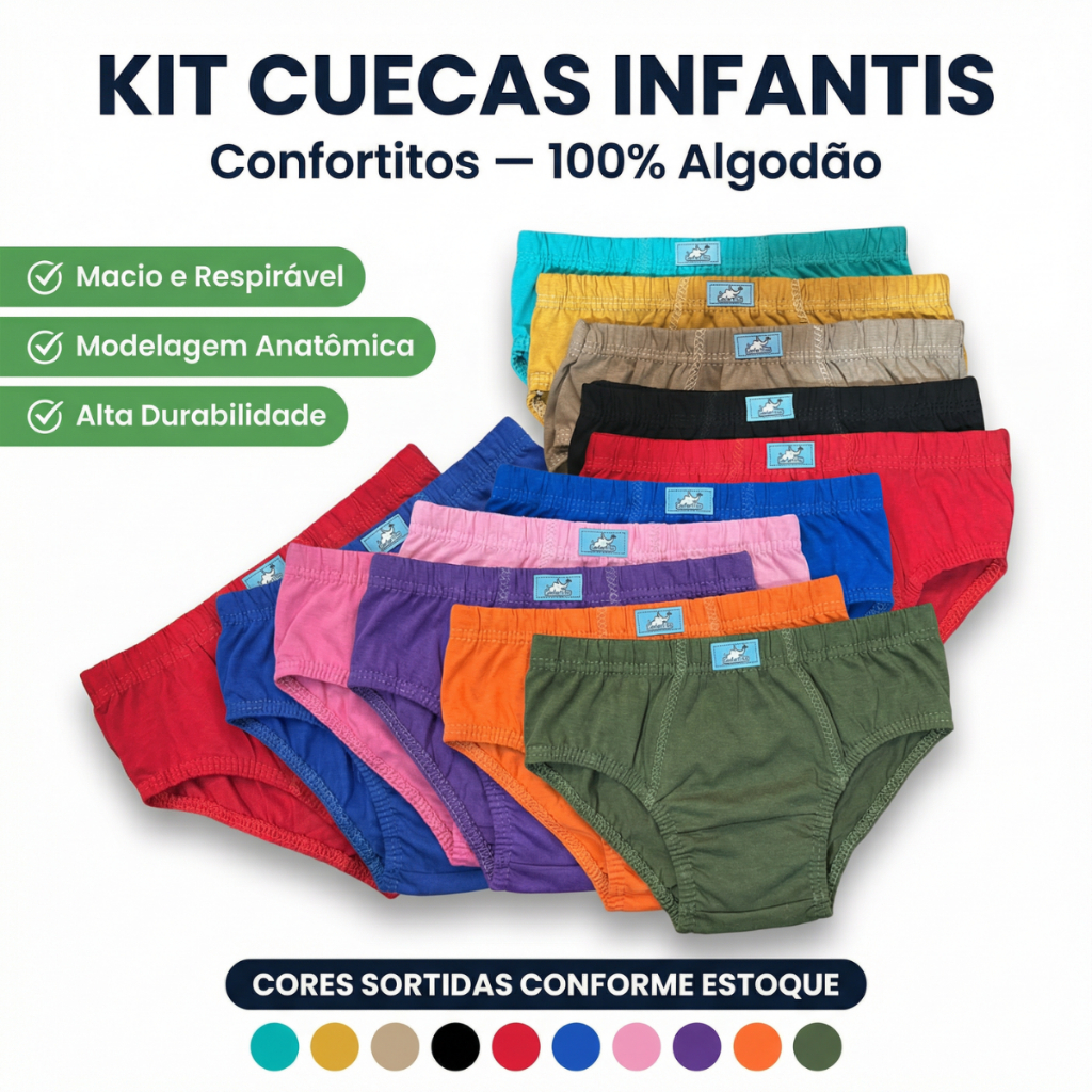 Kit Cueca Infantil Menino Algodão Premium com Forro 10-5 Super Confortável Não Aperta Cores Sortidas