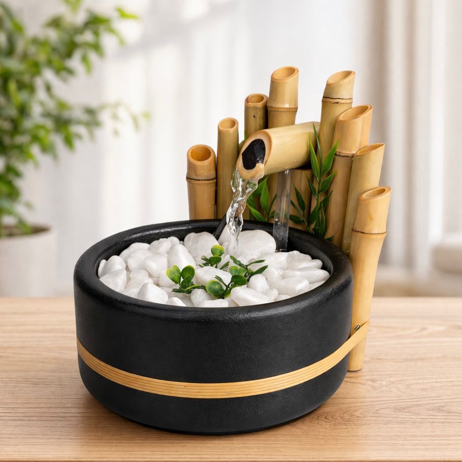 Imagem Fonte de Água Bambu Zen Preta Decorativa Cascata Relaxante Feng Shui Sala Escritório Luxo