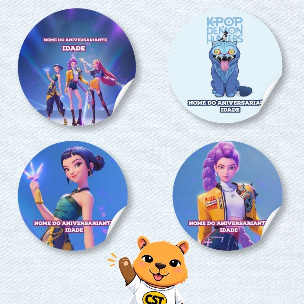 Adesivos Guerreiras do Kpop Demon Hunters Redondos para Aniversário | Personalizados | Lembrancinhas Festa | 4x4 cm