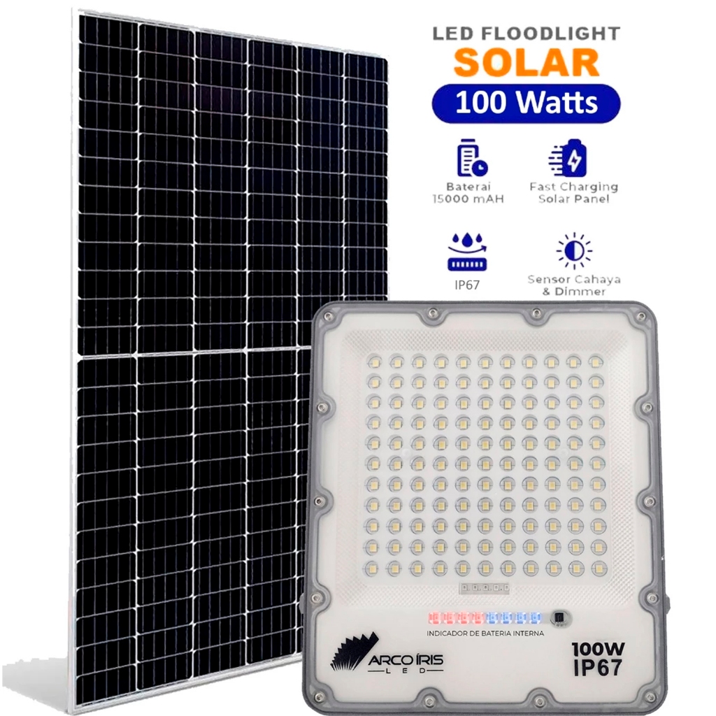 Refletor Solar 100W LED IP67 Com Placa Sensor Movimento Iluminação Externa Forte