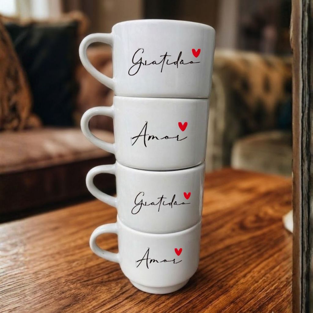 Jogo 4 Canecas de Porcelana 200ml AMOR E GRATIDÃO Café Chá Empilháveis Coração Xicara Branca em Oferta na Shopee