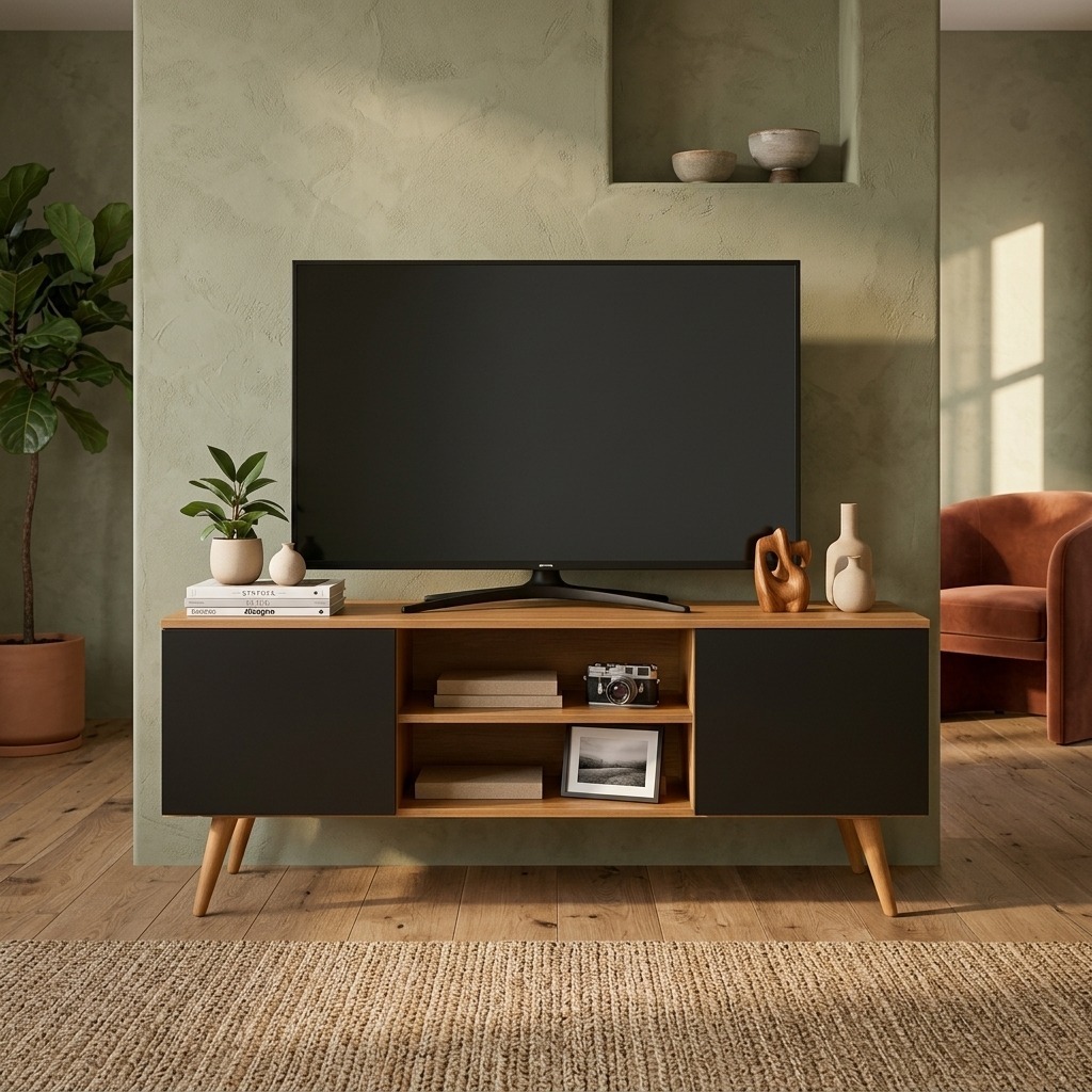 QUEIMA DE ESTOQUE - Rack Retrô de TV até 50 Polegadas para Sala com 2 Portas, Nicho e Pés Palito