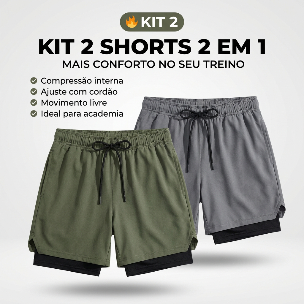 Kit 2 Shorts 2 em 1 Dryfit Masculino Academia Corrida Treino Bermuda comprime Seca Rápida Confortável Fitnes