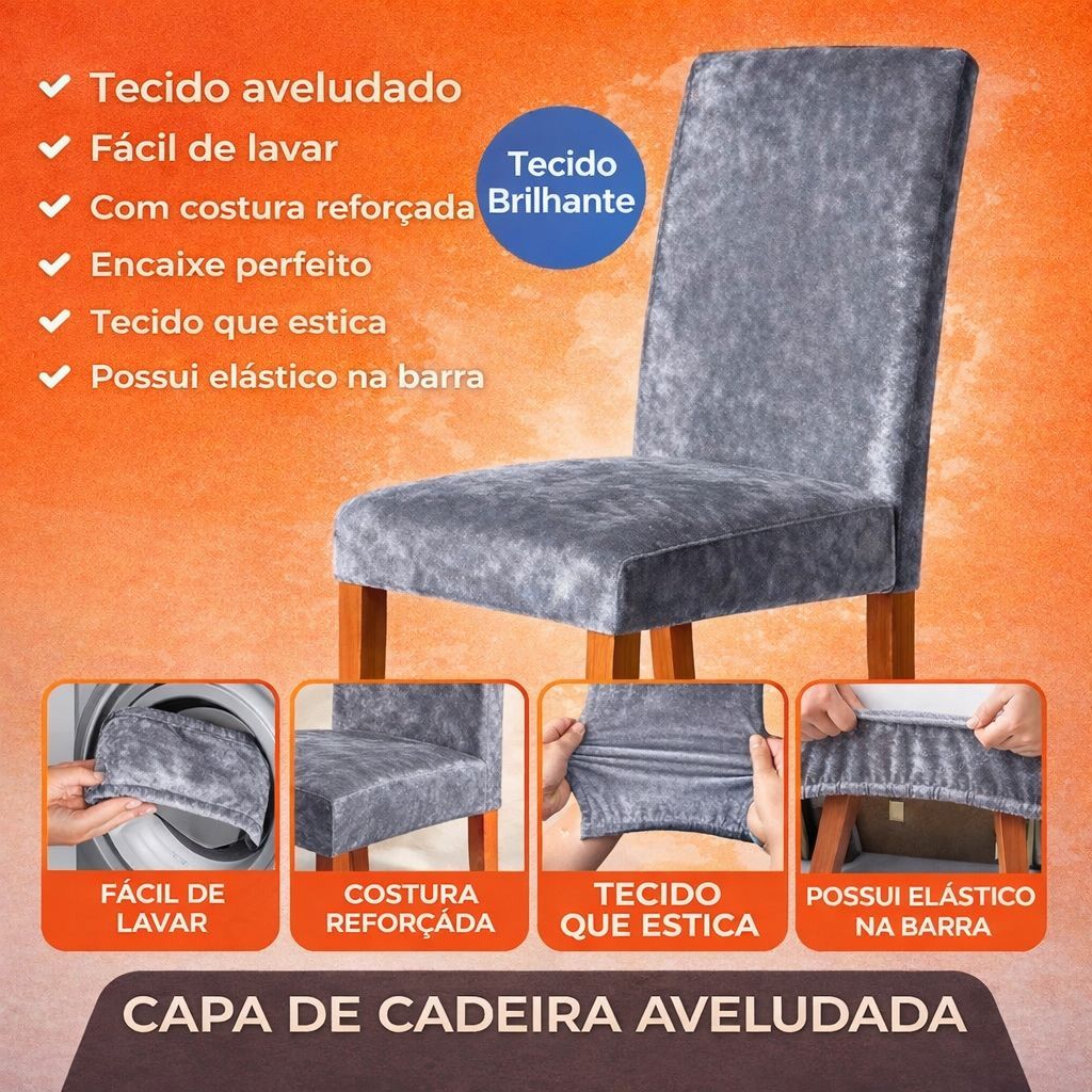 kit 6 peças Capa De Cadeira De Veludo Brilhante Elástica Decorativa Para MESA DE JANTAR — imagem 2 de 2