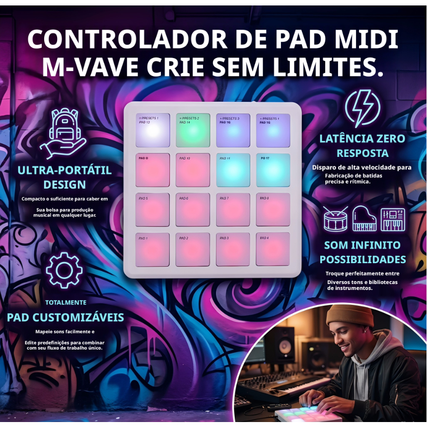 M-VAVE SK-16 SMC-PAD Pocket Pad Controlador MIDI portátil sem fio com 16 pads Teclado de percussão adequado Interface
