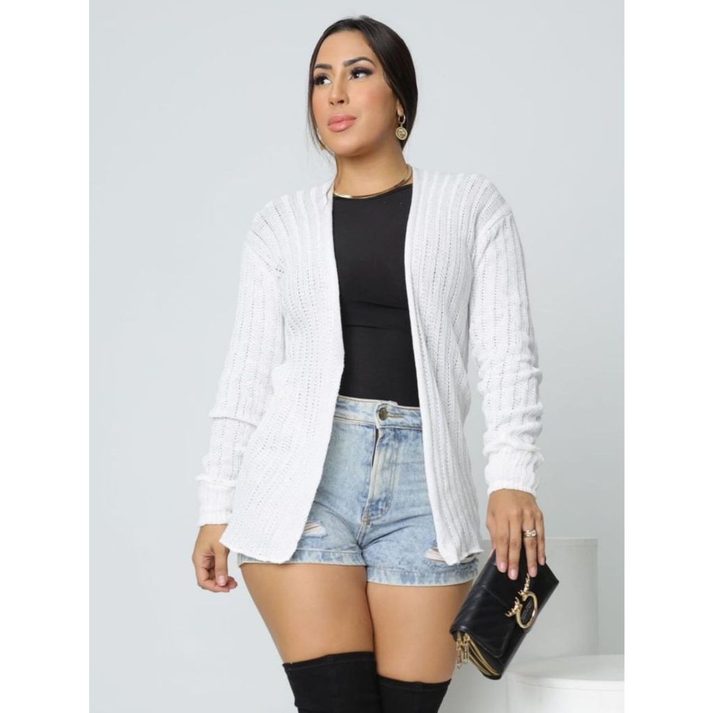 Cardigan Feminino Tricot Alongado Manga Longa Aberto Casual