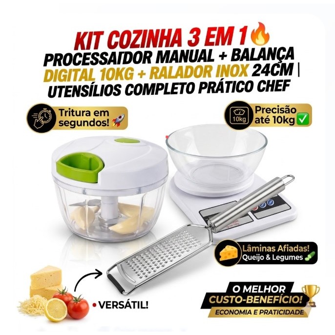 Kit Cozinha 3 em 1 Processador Manual + Balança Digital 10kg + Ralador Inox 24cm Utensílios Completo Prático Chef