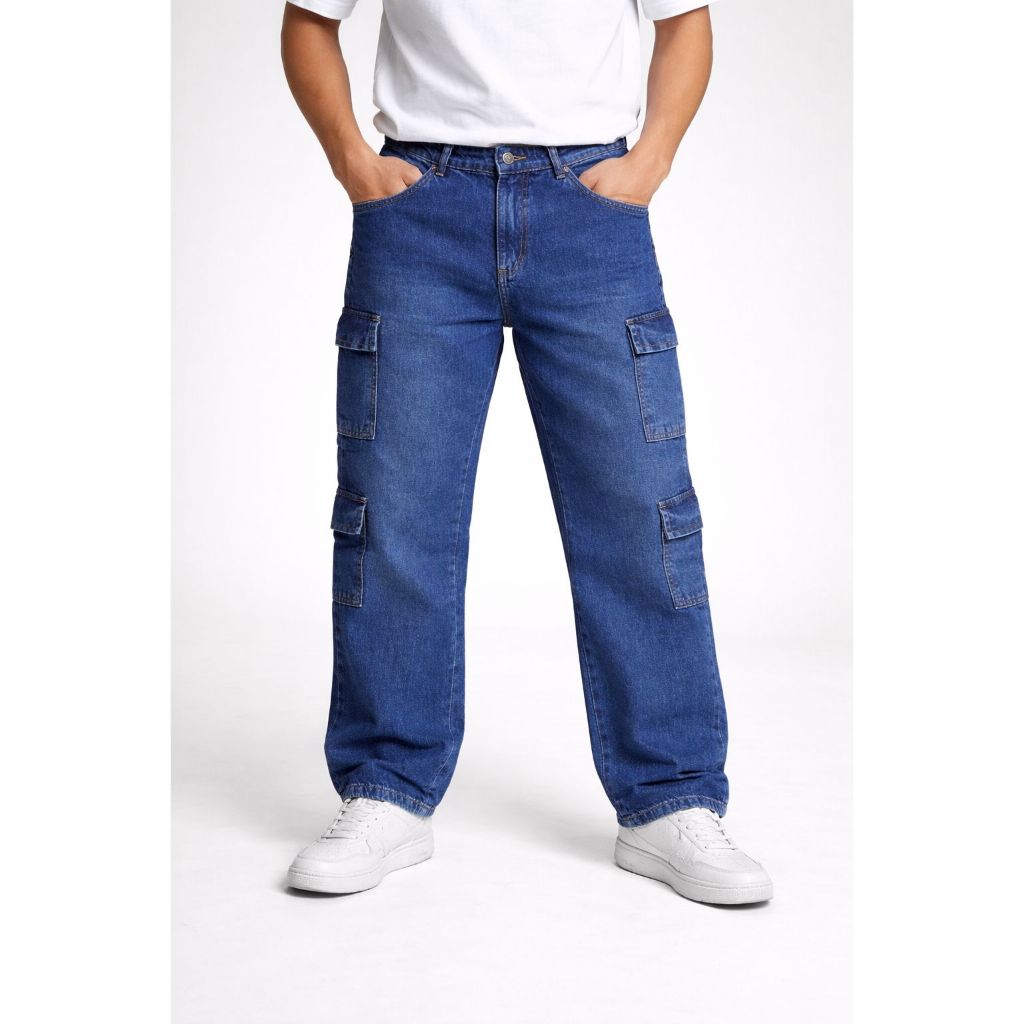 CALÇA JEANS MASCULINA RETA BOLSOS CARGO