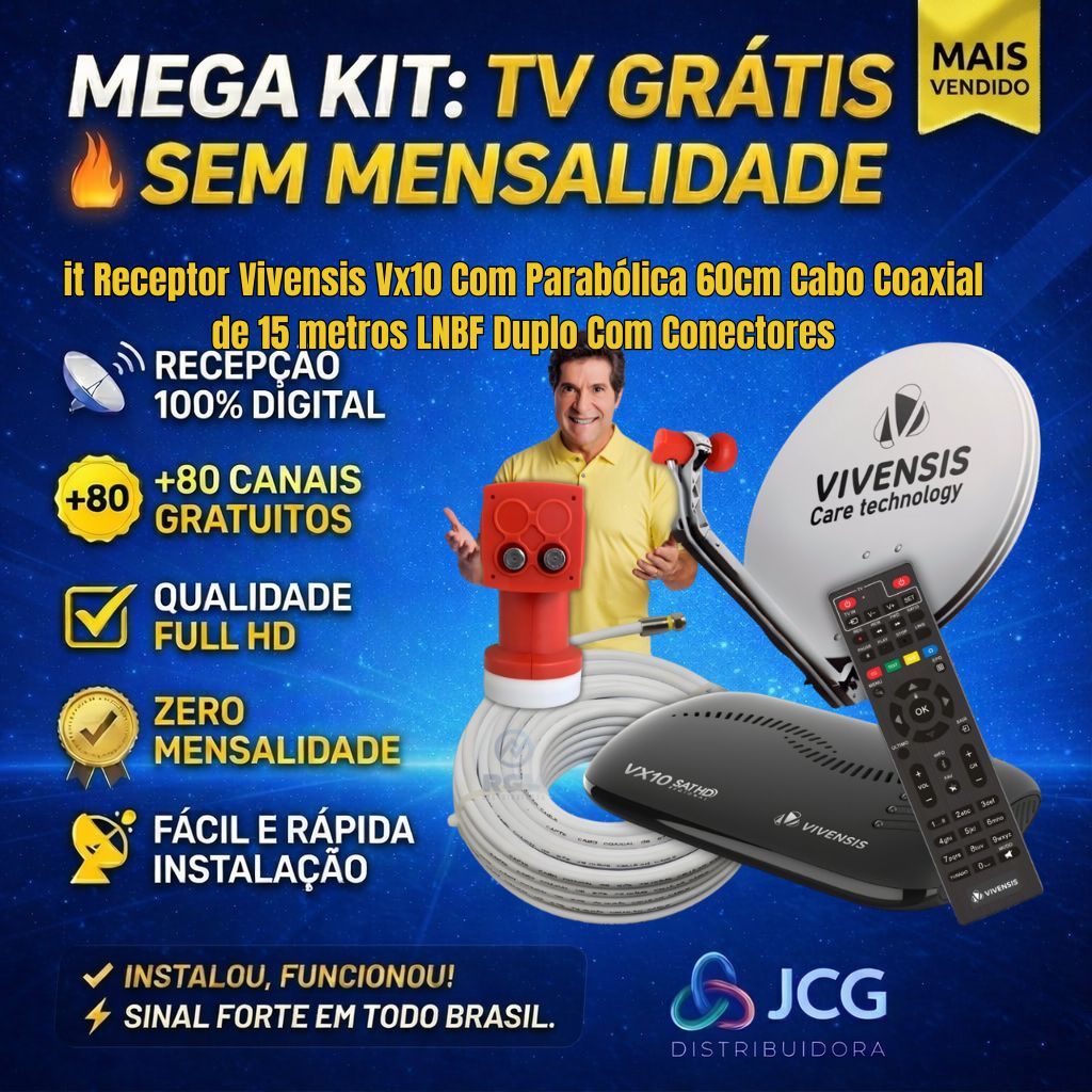 Kit Receptor Vivensis Vx10 Com Parabólica 60cm Cabo Coaxial de 15 metros LNBF Duplo Com Conectores