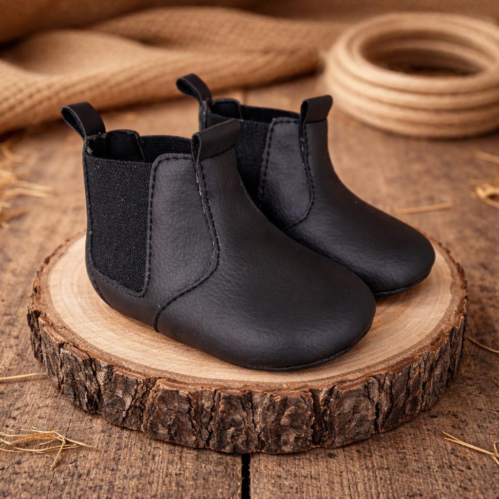 Sapatinho de bebê menina e menino botina Preta bota country elástico confortável estilo butina moderna cor unissex
