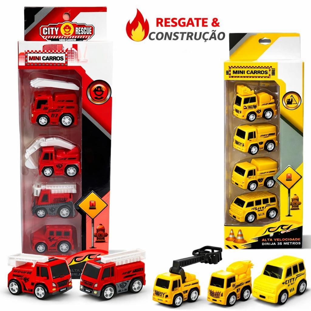 Carrinhos Fricção Kit 4 Carros Infantil Bombeiro Obra Militar Tanque Trator Escavadeira Caminhão
