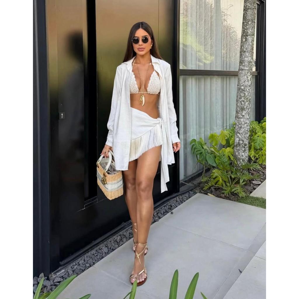 Conjunto Saída de Praia Premium Camisão Oversized Saia Com Franja Tendência Verão 2026