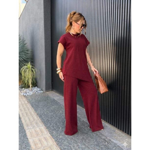 Conjunto Assimétrico Virginia Calça Pantalona Aerolook Inverno Canelado Zero Transparência
