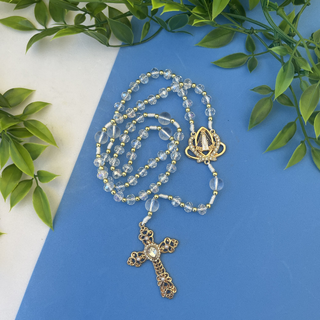 Terço Noiva Cristal de Nossa Senhora Aparecida Coroa dourado com Caixinha em Oferta na Shopee