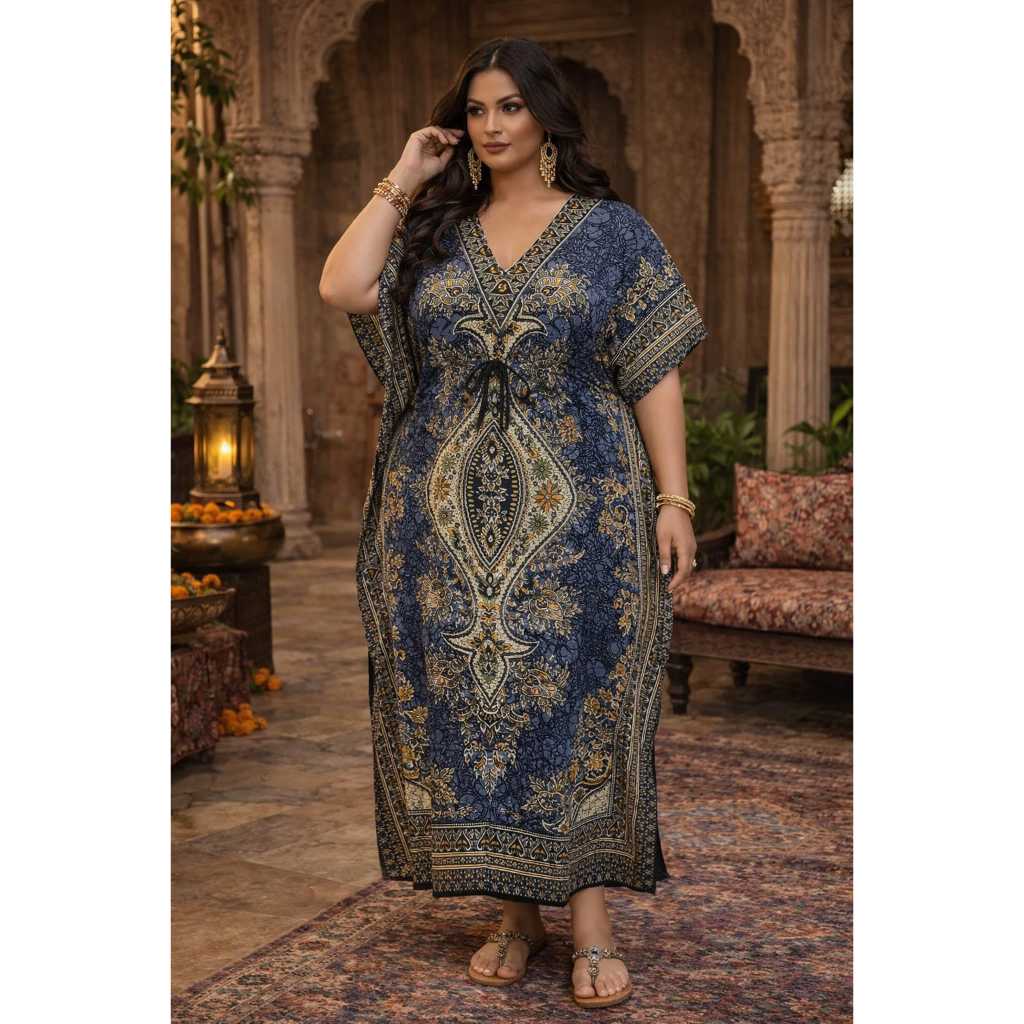 Vestido Kafta Indiano Plus Size Estampado Longo Estilo Boho Chic - Tamanho Único G - 44 ao 48