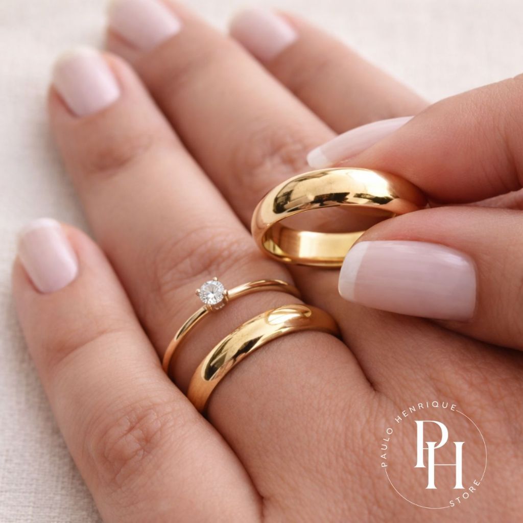 Par de Alianças + Anel Solitário 4mm cor de Ouro 18k Luxo Noivado Casamento com Caixa Não Escurece em Oferta na Shopee